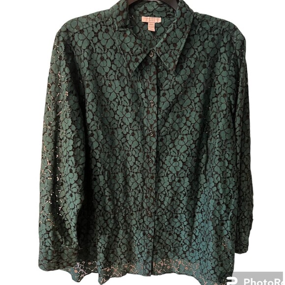 Charter Club Blouse Womens Plus 24W Button Up Lace Sheer Top Dark Romantic Fairy - Picture 1 of 9